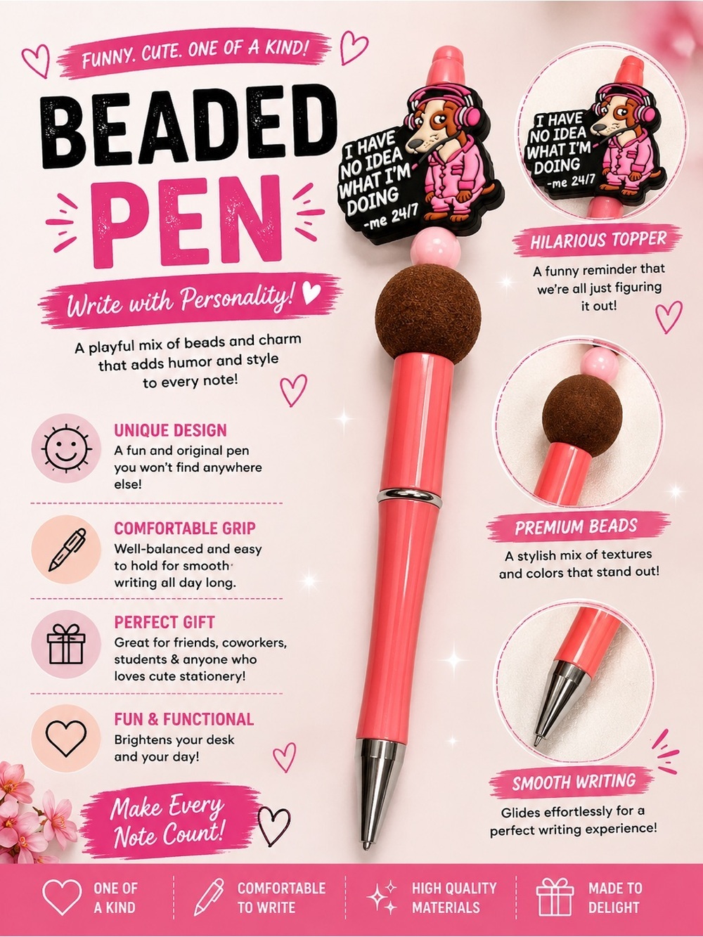Hand Crafted Pink Beaded Pen with Brown Accent